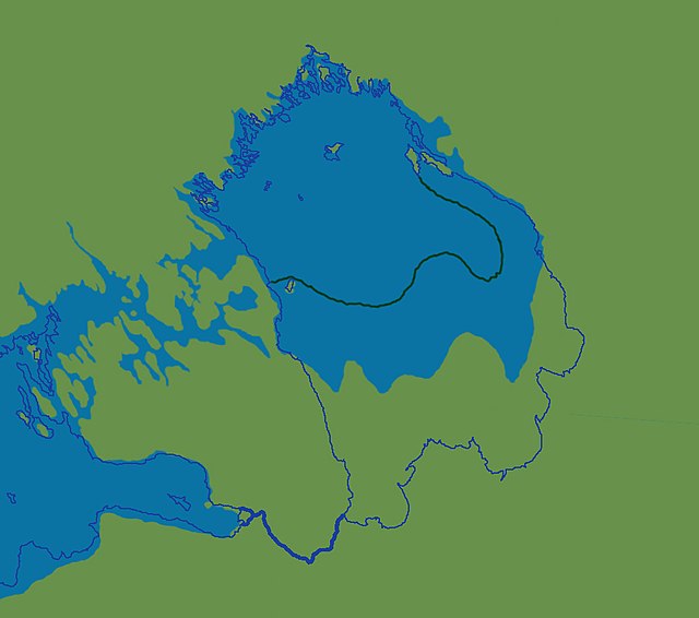 Lake Ladoga as part of the Ancylus Lake (between 9300 and 9200 yr BP). The dark green line marks the southern shoreline of Lake Ladoga during the Yold