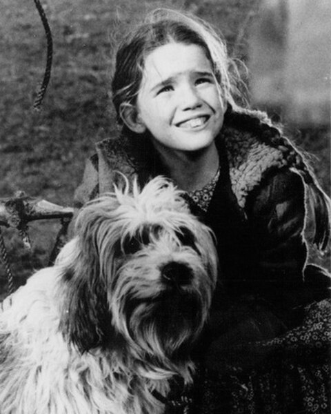 Laura Ingalls (played by Melissa Gilbert) with her dog Jack (played by Barney), 1975
