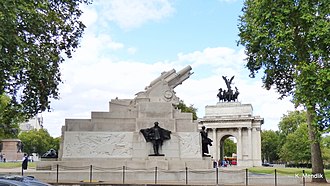 The west side of the memorial, showing the over-lifesize howitzer, with the Wellington Arch in the background