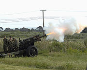 U.S. Marines fire blank rounds from a M101 howitzer at a ceremony