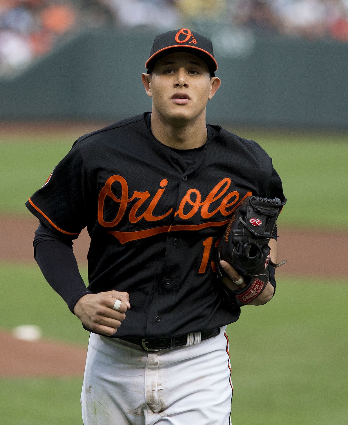 A detail view of Manny Machado of the Baltimore Orioles baseball