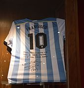 Having returned to his Catholic faith, Maradona donated a signed Argentina jersey to Pope Francis, and it is kept in one of the Vatican Museums. Maradonas's jersey donated to Pope Francis.jpg