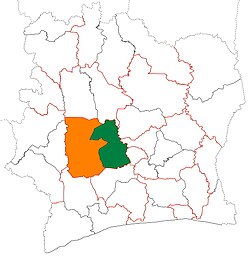 Mahali pa Mkoa wa Marahoué (kijani) katika Cote d'Ivoire za Jimbo la Sassandra-Marahoué