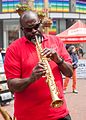 * Nomination A member of St. Gabriel's Celestial Brass Band plays a saxophone at the Indivisible Flashmob/March for Truth San Francisco. By User:Funcrunch --Achim Raschka 14:40, 14 August 2017 (UTC) * Promotion  Support Good quality. --XRay 17:42, 14 August 2017 (UTC)
