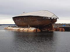 Maud with protective roof at Tofte, Norway in March 2020, while awaiting a new museum building for her.
