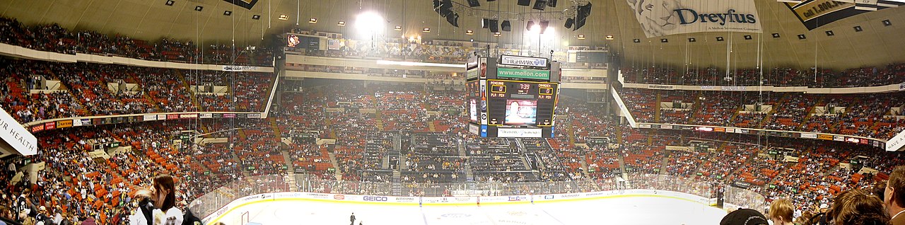 Panoramic view of the Civic Arena from D-Level in October 2007. The balconies on either end of this photo were not part of the original structure. The lower E-level balcony was added in 1975 and the upper F-level balcony was added in 1993 season to expand seating capacity.