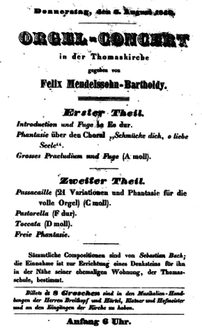 Program of Mendelssohn's 1840 organ concert: BWV 565 is listed as last piece by Bach, before the "Freie Phantasie" which was an improvisation by Mendelssohn. Mendelssohn-Thomaskirche-1840.png
