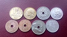 Diversas monedas de peseta que circularon durante la Segunda República española.