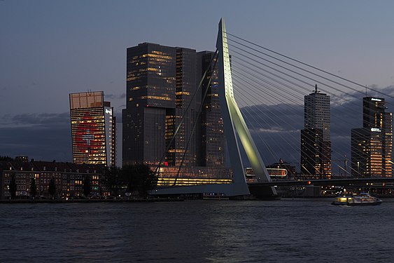 Blue hour in Rotterdam: Erasmusbridge, De Rotterdam building and KPN Tower