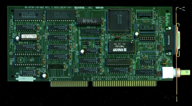 Novell made some networking hardware products even after NetWare became a success; here, a Novell NE2000 16-bit ISA 10BASE-2 Ethernet card from 1990