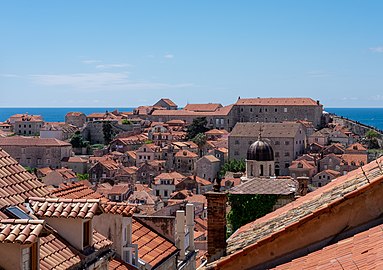 Old Town roofs, with the Franciscan Church and Monastery tower visible, Dubrovnik, Croatia