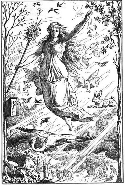 Ostara (1884) by Johannes Gehrts. The sole source about her is Bede, who briefly mentioned her attempting to explain the word "Easter". Later she was popularized by Jacob Grimm. Now the authenticity of the goddess is questioned.[1]