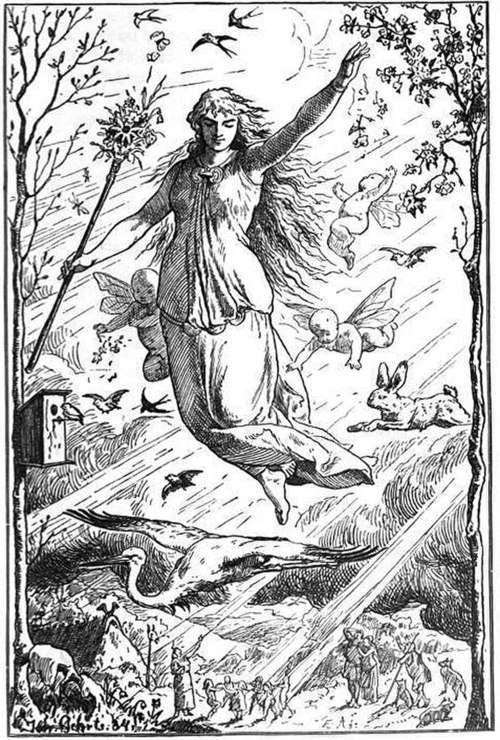 Ostara (1884) by Johannes Gehrts. The goddess flies through the heavens surrounded by Roman-inspired putti, beams of light, and animals. Germanic peop