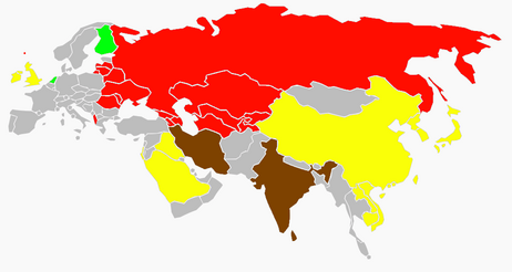 Statut des timbres postaux en Eurasie. * Grise – les timbres entrent dans le domaine public après la mort de l'auteur depuis un certain nombre d'années (70 en Europe, cela dépend du pays en Asie) * Rouge – Les timbres sont dans le domaine public * Jaune – Le droit d'auteur sur les timbres expire 50 ans après leur publication ** Dans le cas de l’Irlande après 1984, le droit d’auteur est prolongé de 70 ans. * Brun – Le droit d'auteur sur les timbres expire plusieurs années après leur publication (Iran : 30 ans, Inde : 60 ans) * Vert – La règle varie selon les pays. Pays-Bas : les timbres sont protégés par le droit d’auteur, mais leur durée diffère selon qu’ils ont été publiés avant 1989 ou non. Finlande : les timbres publiés par le gouvernement (avant 1990 en Finlande sauf Åland, vraisemblablement avant 2009 à Åland) sont dans le domaine public. Les timbres publiés par des sociétés privées telles que Itella Oyj Abp et Posten Åland Ab sont protégés par le droit d'auteur et tombent dans le domaine public 70 ans après le décès de l'auteur.