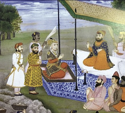 Painting of Mughal emperor Akbar meeting Guru Amar Das in 1567 at Goindwal
