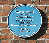 The blue plaque at 2 Bradmore Road. Pater blue plaque, Oxford.JPG