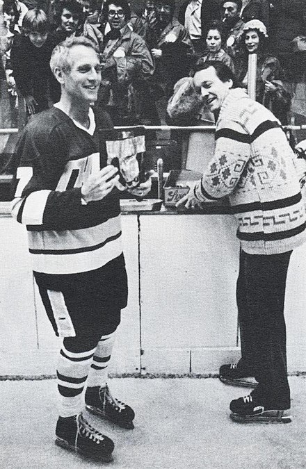 Hill (right) with actor Paul Newman on the set of Slap Shot in 1976
