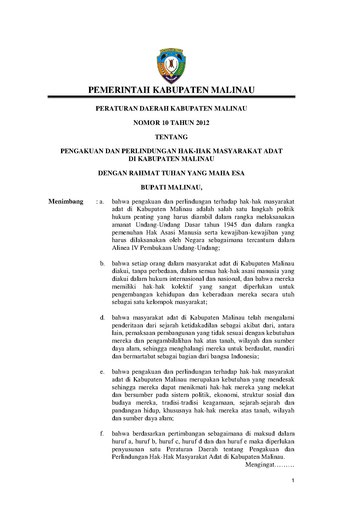 Peraturan Daerah Kabupaten Malinau Nomor 10 Tahun 2012 tentang Pengakuan dan Perlindungan Hak-Hak Masyarakat Adat di Kabupaten Malinau