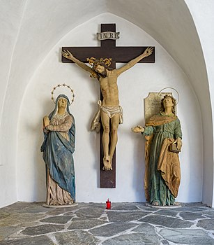 Woodcarved polichromed Crucifixion 17th century in the St. Georg church in Lüsen, South Tyrol