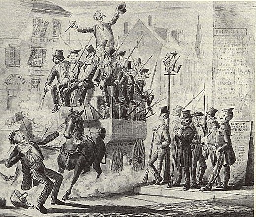 Cartoon of Mobtown, weergave van een bende tijdens de verkiezingsrellen tussen 1856 en 1859.