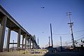 Helicopters showing where new bridge towers will be