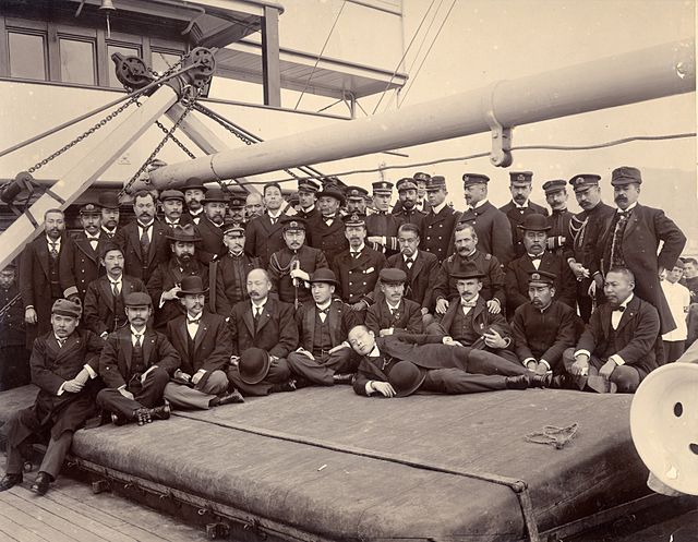 Aboard a Japanese naval vessel in Yokohama harbor before sailing to the Battle of Port Arthur (1904).