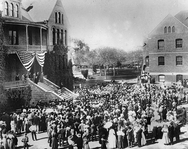 President Theodore Roosevelt addresses a crowd of students on the steps of the Old Main at Tempe Normal School (future Arizona State University), Marc