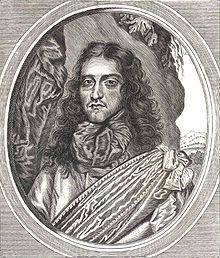 The picture consists of Rupert's head and shoulders, with long flowing hair, looking towards the viewer. He is wearing a large sash across his chest and throat. In this woodcut, he appears tired and world weary.
