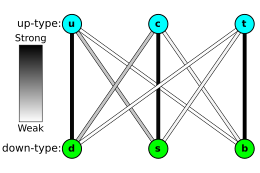 Trois boules « u », « c » et « t » notées « quarks de type up » se tiennent au-dessus de trois boules « d », « s », « b » notées « quarks de type down ».  Les boules "u", "c" et "t" sont alignées verticalement avec les boules "d", "s" et b "respectivement. Des lignes colorées relient les quarks" de type haut "et" de type bas ", avec l'obscurité de la couleur indiquant la force de l'interaction faible entre les deux ; Les lignes « d » à « u », « c » à « s » et « t » à « b » sont sombres ; Les lignes « c "à" d "et" s "à" u "sont grisâtres ; et les lignes" b "à" u "," b "à" c "," t "à" d ", et" t "à" s "sont presque blancs.