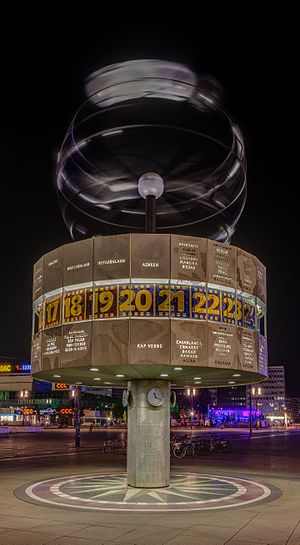 Night view of the World Clock (Urania-Weltzeituhr), Alexanderplatz, Berlin, Germany.