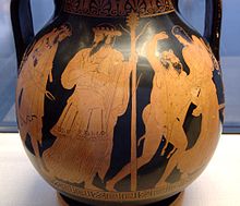 Le retour d'Héphaïstos sur l'Olympe, accompagné de Dionysos et de son thiase, péliké du Peintre de Cléophon, 440-430 av. J.-C., Collection des Antiquités (Inv. 2361).