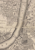 1746年のウェストミンスターとランベス。工事中の橋が描かれている。ハントリー・フェリー[注 2]が現在のヴォクスホール橋付近を繋いでいる