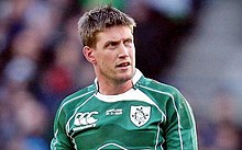Ronan O'Gara wearing a green Ireland rugby jersey