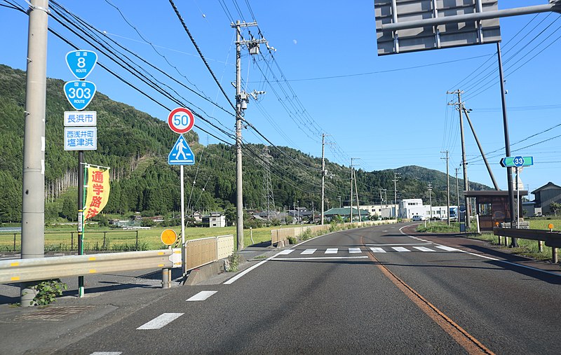 File:Route 8 and Route 303 (Nagahama Nishiazaicho Shiotsuhama).jpg