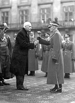 Ignacy Moscicki, President of Poland (left), Warsaw, 10 November 1936, awarding the Marshal's bulawa to Edward Rydz-Smigly Rydz Smigly Bulawa1.jpg