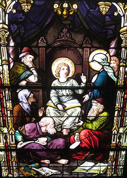 File:Saint Joseph Catholic Church (Somerset, Ohio) - stained glass, Finding the Child Jesus in the Temple.jpg