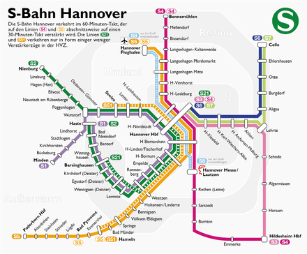 Schematic plan of S-Bahn (urban rail) lines in Hanover Region (click to enlarge)