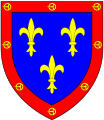 Arms awarded in 1427 by King Charles VII of France to Sir John Stewart (c.1365-1429) of Darnley, Scotland, 1st Seigneur d'Aubigny, 1st Seigneur de Concressault and 1st Comte d'Évreux, Constable of the Scottish Army in France. To quarter Stewart of Darnley: Royal arms of France within a bordure gules charged with eight buckles or (buckles of Bonkyll)