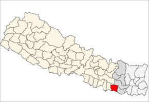 Siraha District i Sagarmatha Zone (grå) i Eastern Development Region (grå + lysegrå)