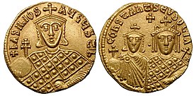 Василий I Македонянин, его сын Константин и вторая жена Евдокия Ингерина на бизантине