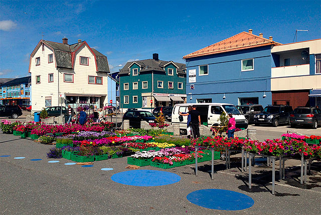 The market square in downtown Sortland a day in June 2013.