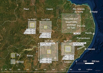 Visão detalhada para o Nordeste: As praças inferiores da energia eólica e fotovoltaica produzem 1.051 TWh e 787 TWh de eletricidade para hidrogênio, respectivamente.[42][43]