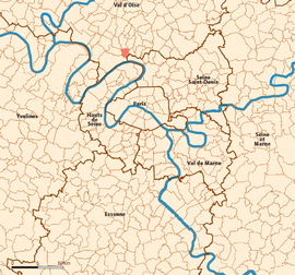 Ubicación (en rojo) dentro de los suburbios interiores y exteriores de París