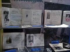 A collection of old Finnish passports displayed by the Finnish Ministry of Foreign Affairs