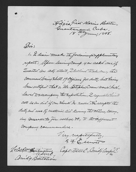 File:Supplement to Report of Operations dated June 15,1898, by Captain G. F. Elliot, Company C, 1st Marine Battalion - NARA - 301656.jpg