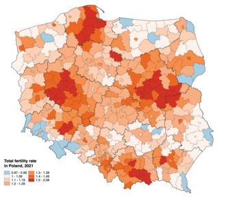 Total fertility rate varies significantly by county in Poland. In 2021, Kashubia and Nowy Sacz regions had the highest fertility rate, along with metropolitan areas of Warsaw and Poznan. The lowest, sub-1 fertility was recorded in the Sudetes. TFR in Poland, 2021.png