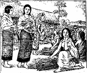 Princess Thoibi meeting Khamnu in a marketplace. THOIBI, SENU AND KHAMNU.jpg