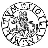 Seal of the Knights Templars, with the well-known image of two knights mounted on one horse, a symbol of their initial poverty. The text is written in Greek and Latin characters "Sigillum Militum Xpisti:" which means "Seal of the soldiers of Christ". Templ.jpg