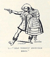 Rytina.  Muž v kostýmu z 18. století, pistole v ruce, unesená žena
