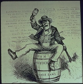 The Usual Irish Way of Doing Things, a Nast cartoon depicting a drunken Irishman lighting a powder keg. Published in Harper's Weekly, September 2, 1871